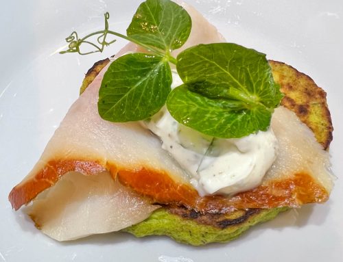 Smoked sturgeon with sweet pea pancakes, and herbed crème fraiche