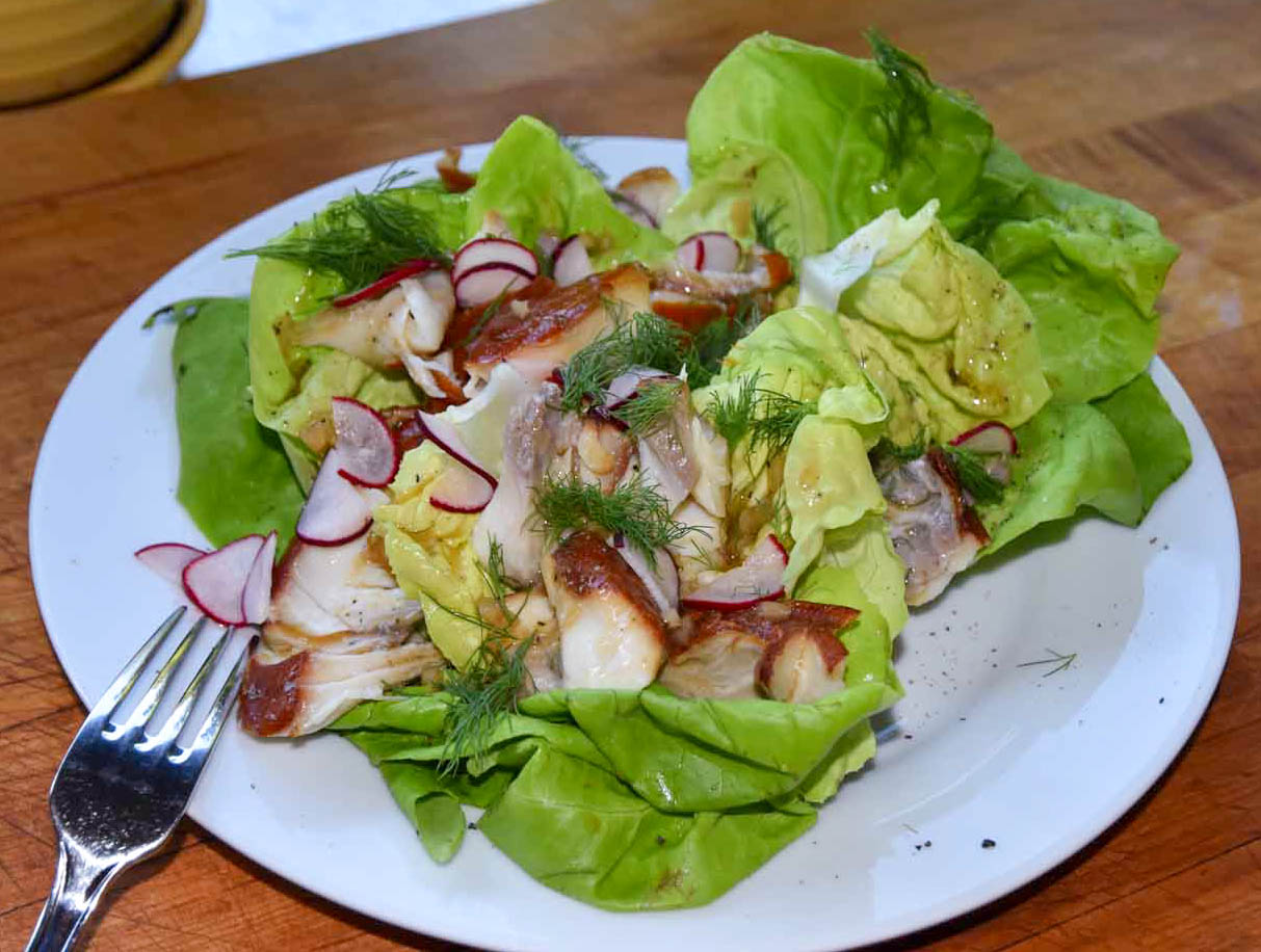 Hot-smoked Black Cod Salad, butter lettuce, pickled radishes, and dill